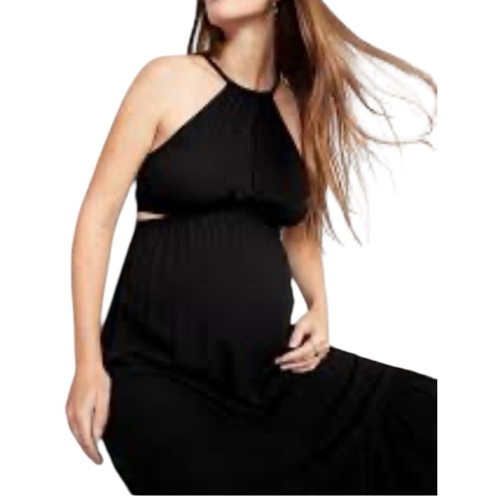 Maternity Waist -Defined Halter Black Maxi Dress